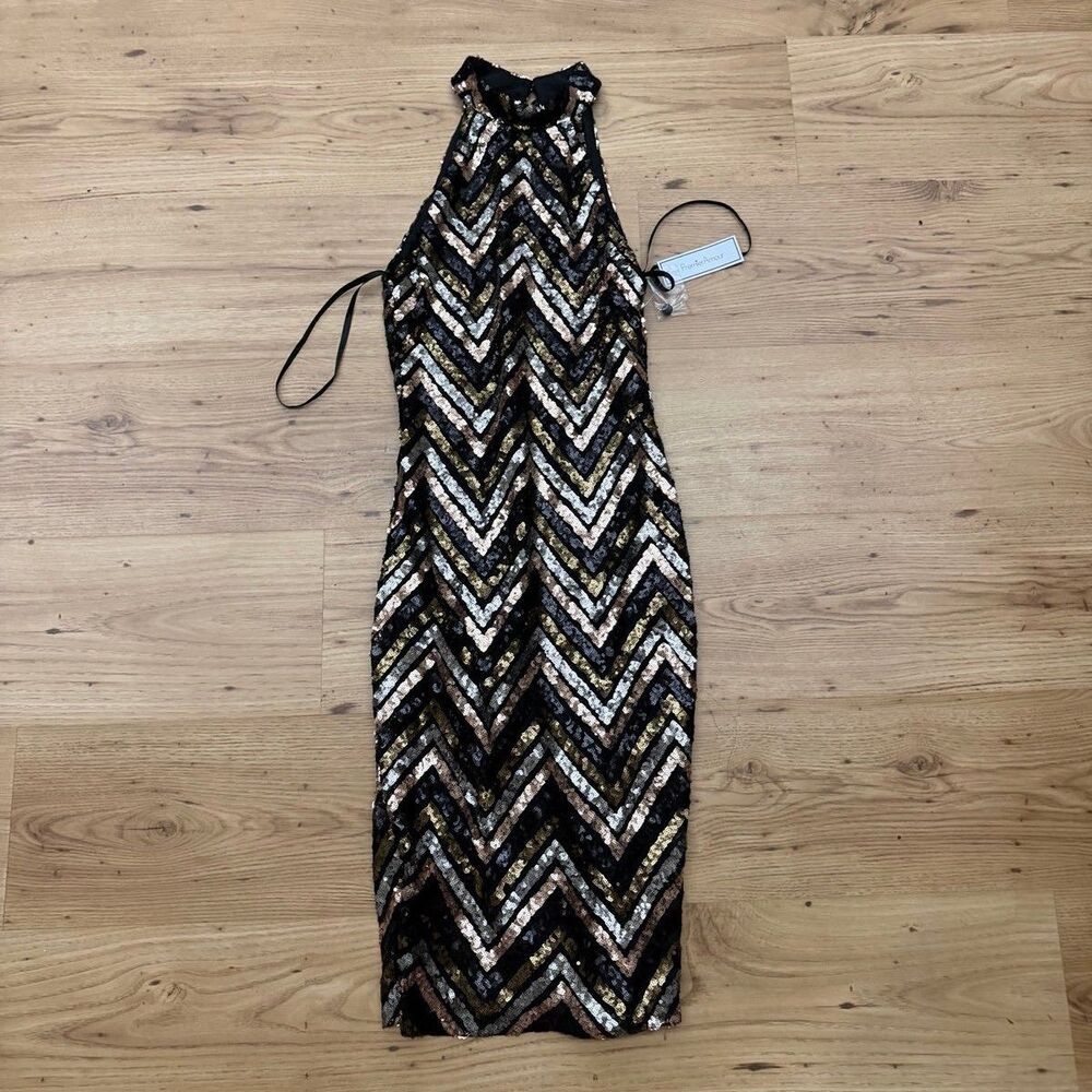 Premier Amour Black Multi Sequin Chevron Halter Dress